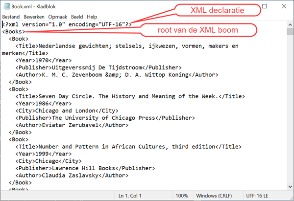 XML declaratie voor Book